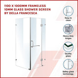 1100 x 1000mm Frameless 10mm Glass Shower Screen By Della Francesca - Side View