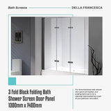3 Fold Black Folding Bath Shower Screen Door Panel 1300mm x 1400mm - Low Angle