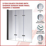 3 Fold Black Folding Bath Shower Screen Door Panel 1300mm x 1400mm - Side View