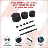 20kg Dumbbell Set Home Gym Fitness Exercise Weights Bar Plate - Side View