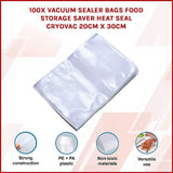100x Vacuum Sealer Bags Food Storage Saver Heat Seal Cryovac 20cm x 30cm - Side View