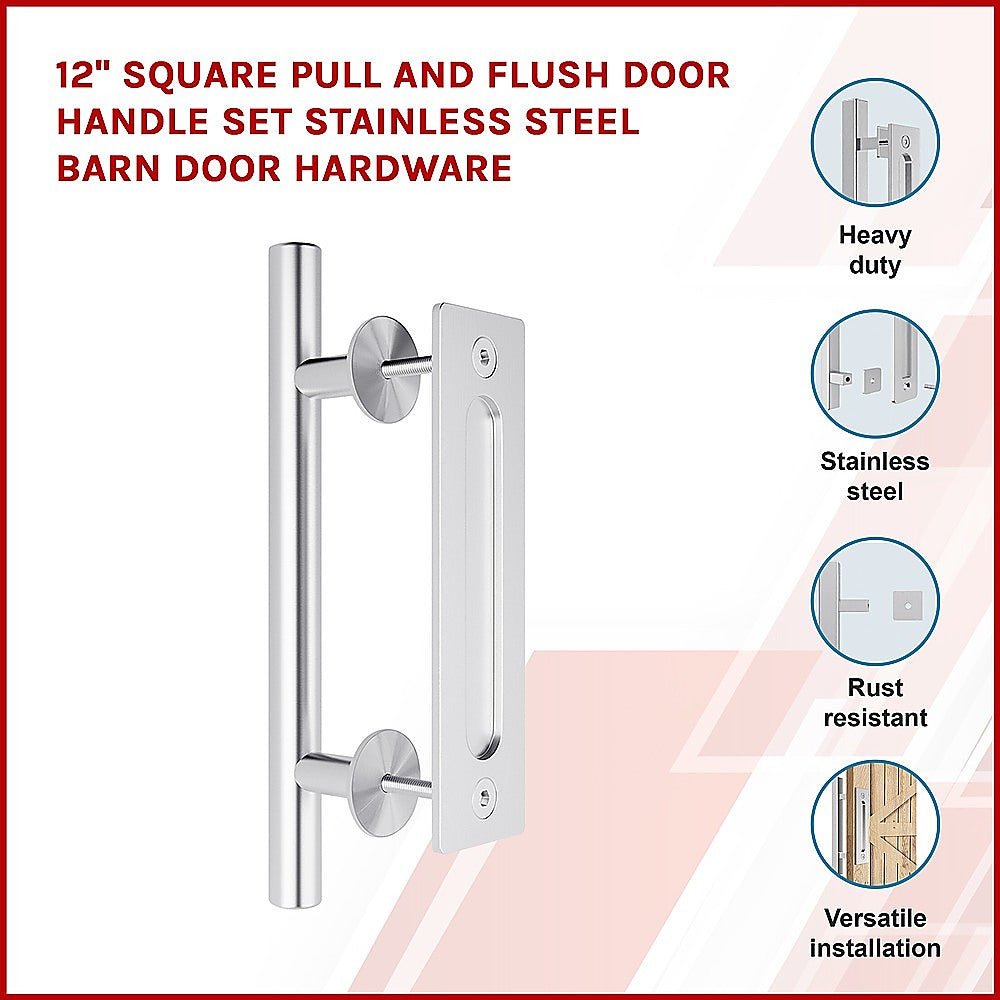 12 Square Pull and Flush Door Handle Set Stainless Steel Barn Door Hardware