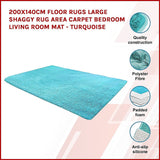 200x140cm Floor Rugs Large Shaggy Rug Area Carpet Bedroom Living Room Mat - Turquoise - Side View