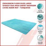 230x200cm Floor Rugs Large Shaggy Rug Area Carpet Bedroom Living Room Mat - Turquoise - Side View