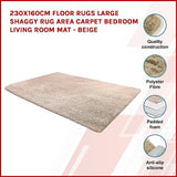 230x160cm Floor Rugs Large Shaggy Rug Area Carpet Bedroom Living Room Mat - Beige - Side View
