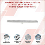 800mm Bathroom Shower Stainless Steel Grate Drain w/Centre outlet Floor Waste - Side View