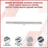 900mm Bathroom Shower Stainless Steel Grate Drain w/Centre outlet Floor Waste Square Pattern - Side View