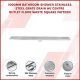1000mm Bathroom Shower Stainless Steel Grate Drain w/Centre outlet Floor Waste Square Pattern - Side View