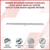 1200mm Bathroom Shower Stainless Steel Grate Drain w/Centre outlet Floor Waste Square Pattern - Side View