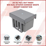 2x 15L Pull Out Trash Bin Dual Kitchen Garbage Waste Basket Cabinet Bin - Side View