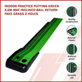 Indoor Practice Putting Green 2.5m Mat Inclined Ball Return Fake Grass 2 Holes - Side View