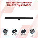 900mm Bathroom Shower Black Grate Drain w/Centre outlet Floor Waste Square Pattern - Side View