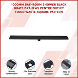 1000mm Bathroom Shower Black Grate Drain w/Centre outlet Floor Waste Square Pattern - Side View