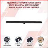 1200mm Bathroom Shower Black Grate Drain w/Centre outlet Floor Waste Square Pattern - Side View