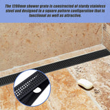 1200mm Bathroom Shower Black Grate Drain w/Centre outlet Floor Waste Square Pattern - Close-Up Angle