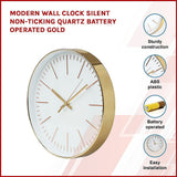 Modern Wall Clock Silent Non-Ticking Quartz Battery Operated Gold
