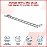 Double Towel Rail Grade 304 Stainless Steel 620mm - Side View