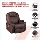 Brown Massage Sofa Chair Recliner 360 Degree Swivel PU Leather Lounge 8 Point Heated - Side View