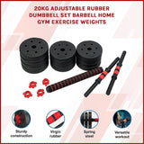 20kg Adjustable Rubber Dumbbell Set Barbell Home GYM Exercise Weights - Side View