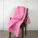 Hand Knitted Chunky Blanket Thick Acrylic Yarn Blanket Home Decor Throw Rug - Pink - Front View