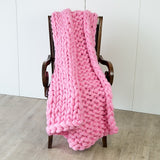Hand Knitted Chunky Blanket Thick Acrylic Yarn Blanket Home Decor Throw Rug - Pink - Top-Down View
