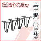 Set of 4 Industrial 3-Rod Retro Hairpin Table Legs 12mm Steel Bench Desk - 11cm Black - Side View