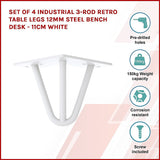 Set of 4 Industrial 3-Rod Retro Table Legs 12mm Steel Bench Desk - 11cm White - Side View