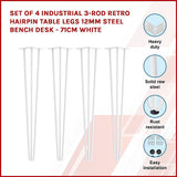 Set of 4 Industrial 3-Rod Retro Hairpin Table Legs 12mm Steel Bench Desk - 71cm White - Side View