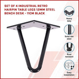 Set of 4 Industrial Retro Hairpin Table Legs 12mm Steel Bench Desk - 11cm Black - Side View