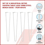 Set of 4 Industrial Retro Hairpin Table Legs 12mm Steel Bench Desk - 71cm White - Side View