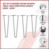 Set of 4 Chrome Retro Hairpin Table Legs 12mm Steel Bench Desk - 41cm