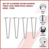 Set of 4 Chrome Retro Hairpin Table Legs 12mm Steel Bench Desk - 71cm - Side View