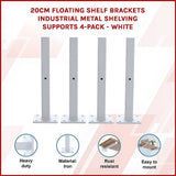 20cm Floating Shelf Brackets Industrial Metal Shelving Supports 4-Pack - White - Front View