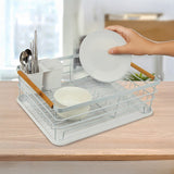 Metal Dish Drying Rack Drainboard Holder Tray Kitchen Plates Cutlery Wood Handle - Front View