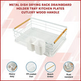 Metal Dish Drying Rack Drainboard Holder Tray Kitchen Plates Cutlery Wood Handle - Side View