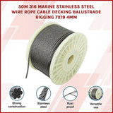 50M 316 Marine Stainless Steel Wire Rope Cable Decking Balustrade Rigging 7x19 4mm - Side View