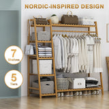 Portable Clothes Rack Coat Garment Stand Bamboo Rail Hanger Airer Closet - Extra Image