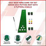Golf Beer Pong Game Toy Set Green Golf Putting Matt with 2 Putters, 6 Balls - Side View