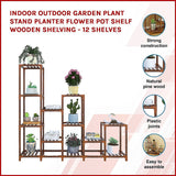 Indoor Outdoor Garden Plant Stand Planter Flower Pot Shelf Wooden Shelving - 12 Shelves - Side View