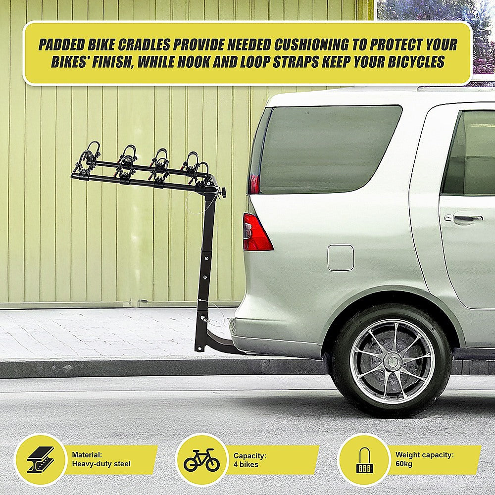 Premium 4-Bike Carrier Rack Hitch Mount Swing Down Bicycle Rack W/ 2 Receiver