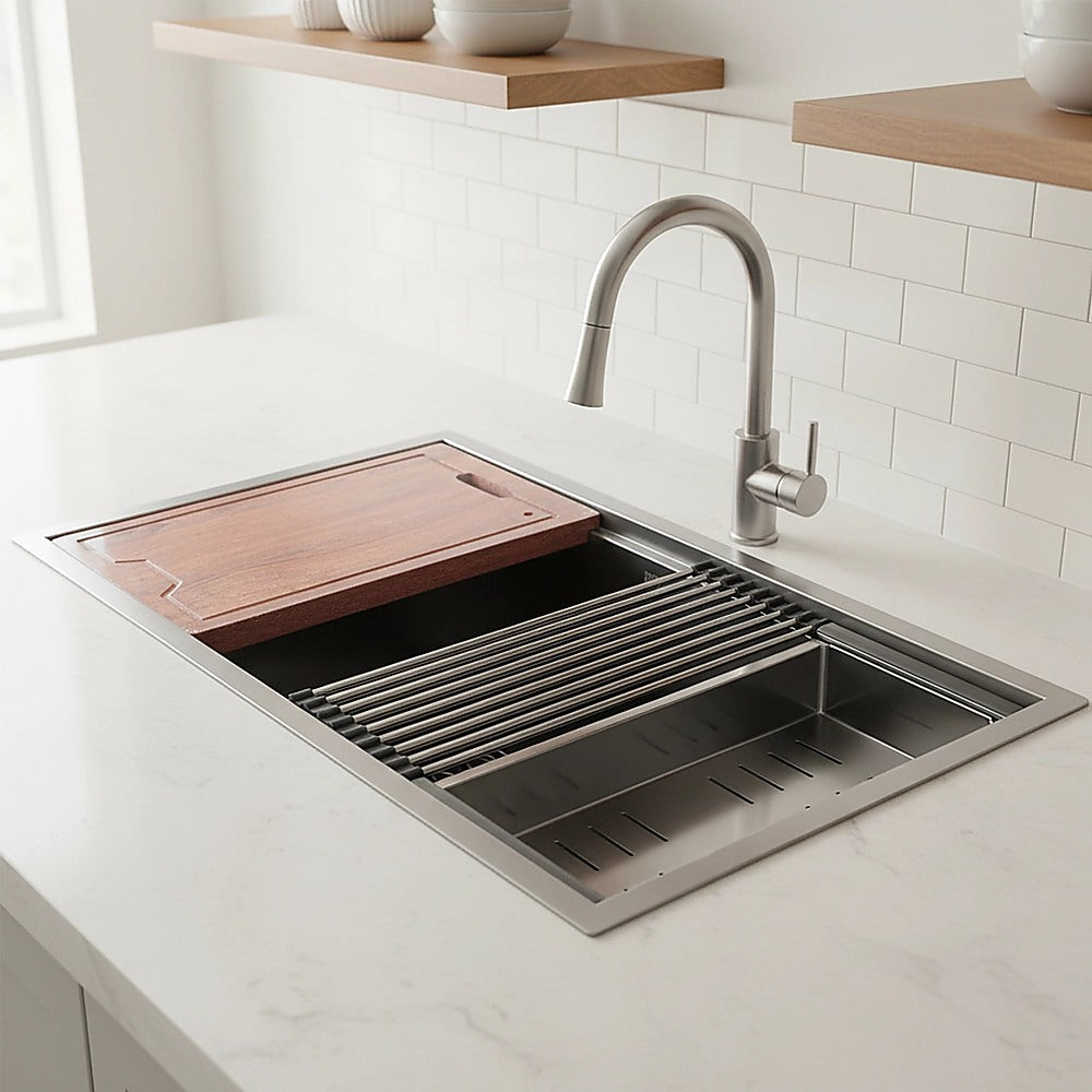 BRIENZ 32-inch Nano Workstation Ledge Undermount 16 Gauge Stainless Steel Kitchen Sink Single Bowl