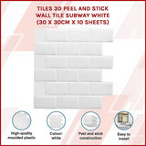 Tiles 3D Peel and Stick Wall Tile Subway White (30 x 30cm x 10 sheets)