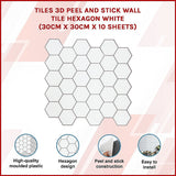 Tiles 3D Peel and Stick Wall Tile Hexagon White (30cm x 30cm x 10 sheets)