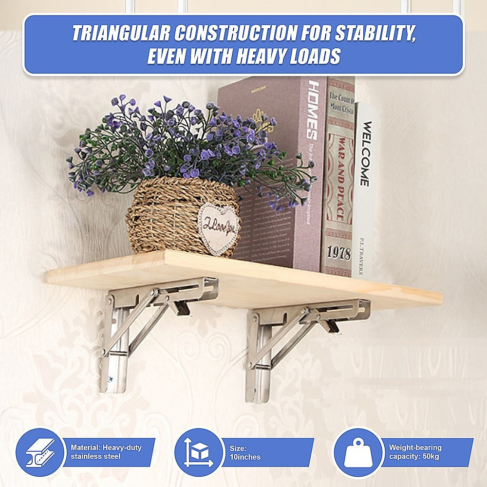 2x 10 Stainless Steel Folding Table Bracket Shelf Bench 50kg Load Heavy Duty