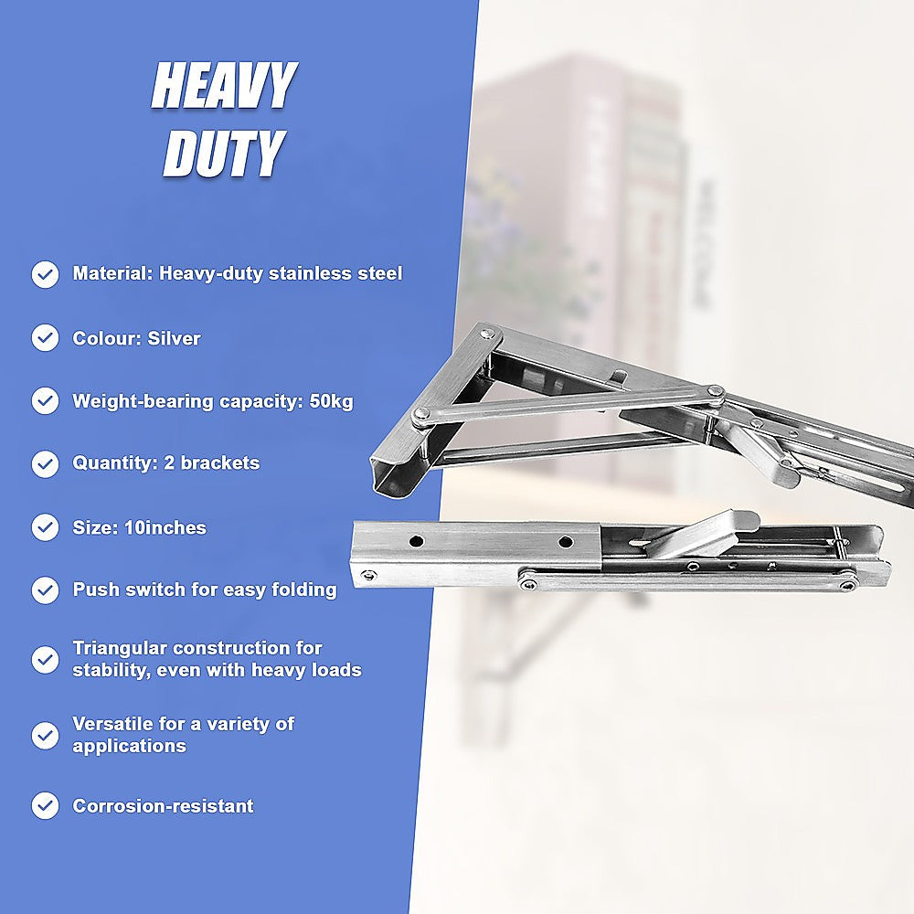 2x 10 Stainless Steel Folding Table Bracket Shelf Bench 50kg Load Heavy Duty