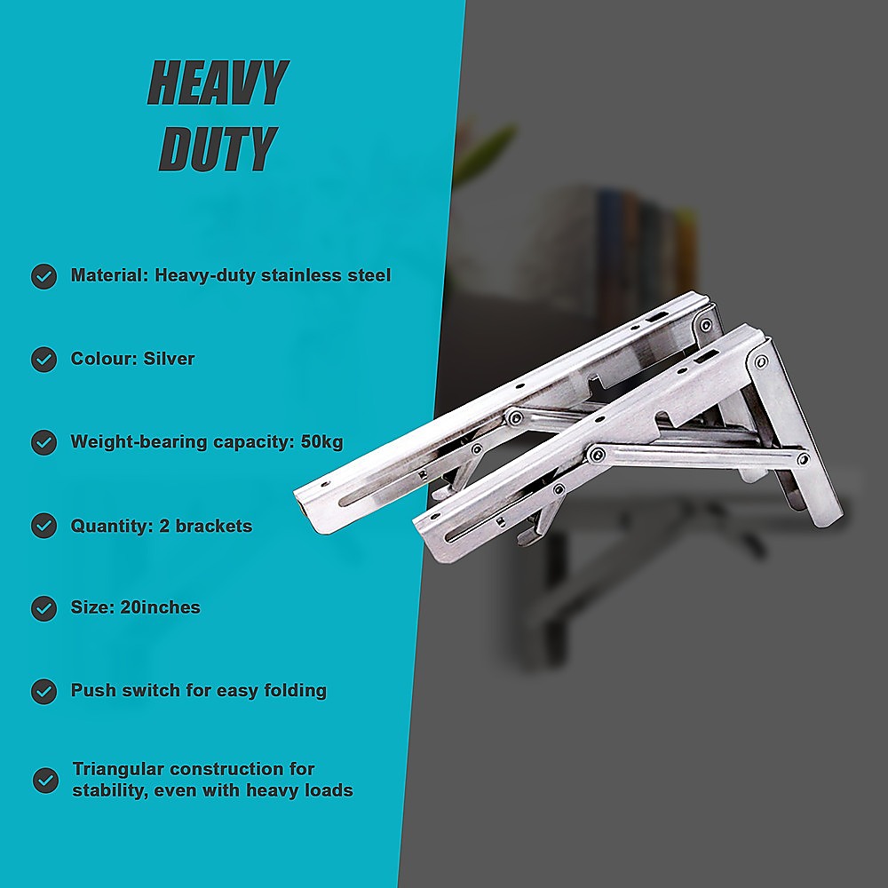 2x 20 Stainless Steel Folding Table Bracket Shelf Bench 50kg Load Heavy Duty