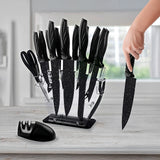 Kitchen 17 Pc Knife Set w/ Block & Sharpener Chef Bread Steak Knives - Front View