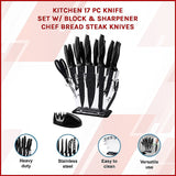Kitchen 17 Pc Knife Set w/ Block & Sharpener Chef Bread Steak Knives - Side View