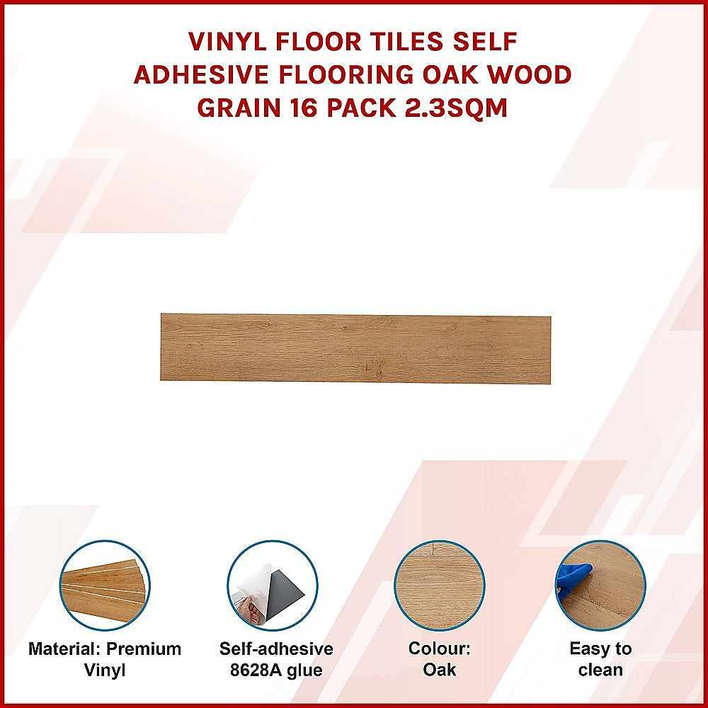Vinyl Floor Tiles Self Adhesive Flooring Oak Wood Grain 16 Pack 2.3SQM