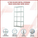 5 Tier Silver Metal Storage Rack Shelving Wire Shelf - 45-Degree Angle